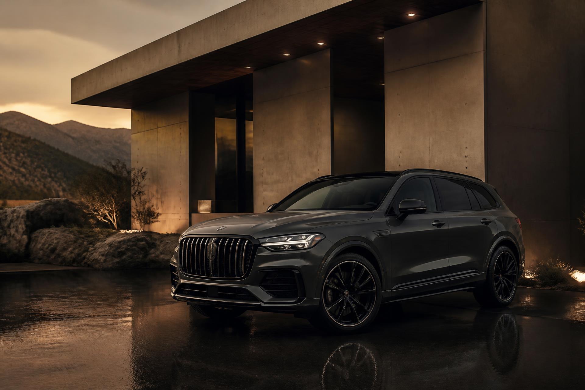 SUV premium em frente a uma residência de arquitetura contemporânea ao entardecer
