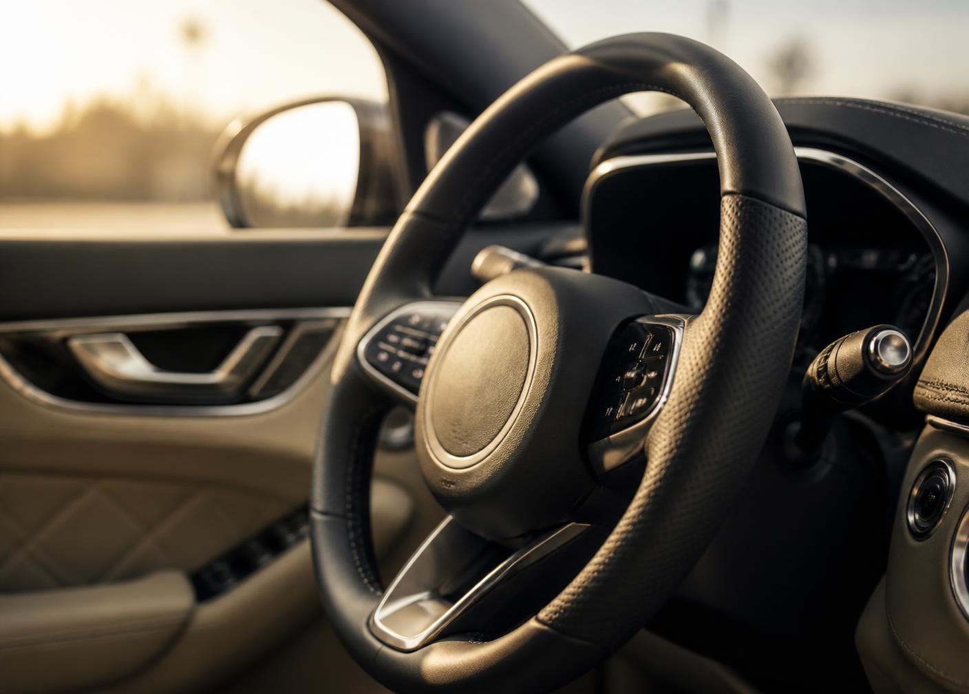 Detalhe do interior de um veículo premium com acabamento em couro